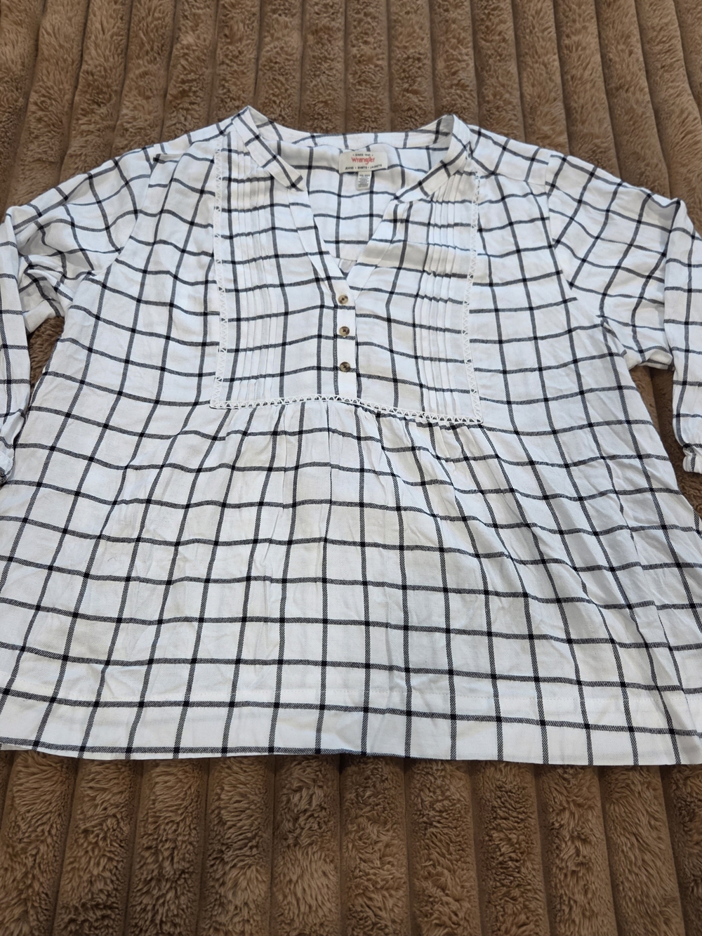 Wrangler Top Womens XXL Black White Plaid Long Sleeve Pleated Boho Western